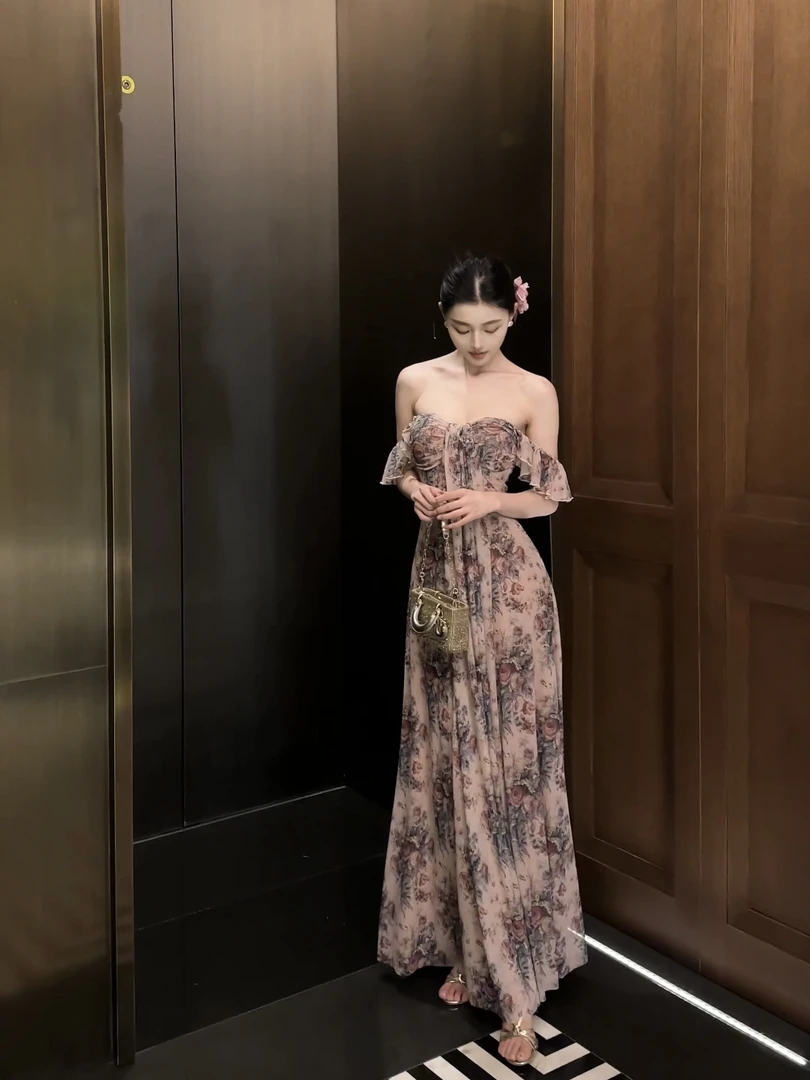 春日部【百花怒放】小飞袖碎花收腰连衣裙0974