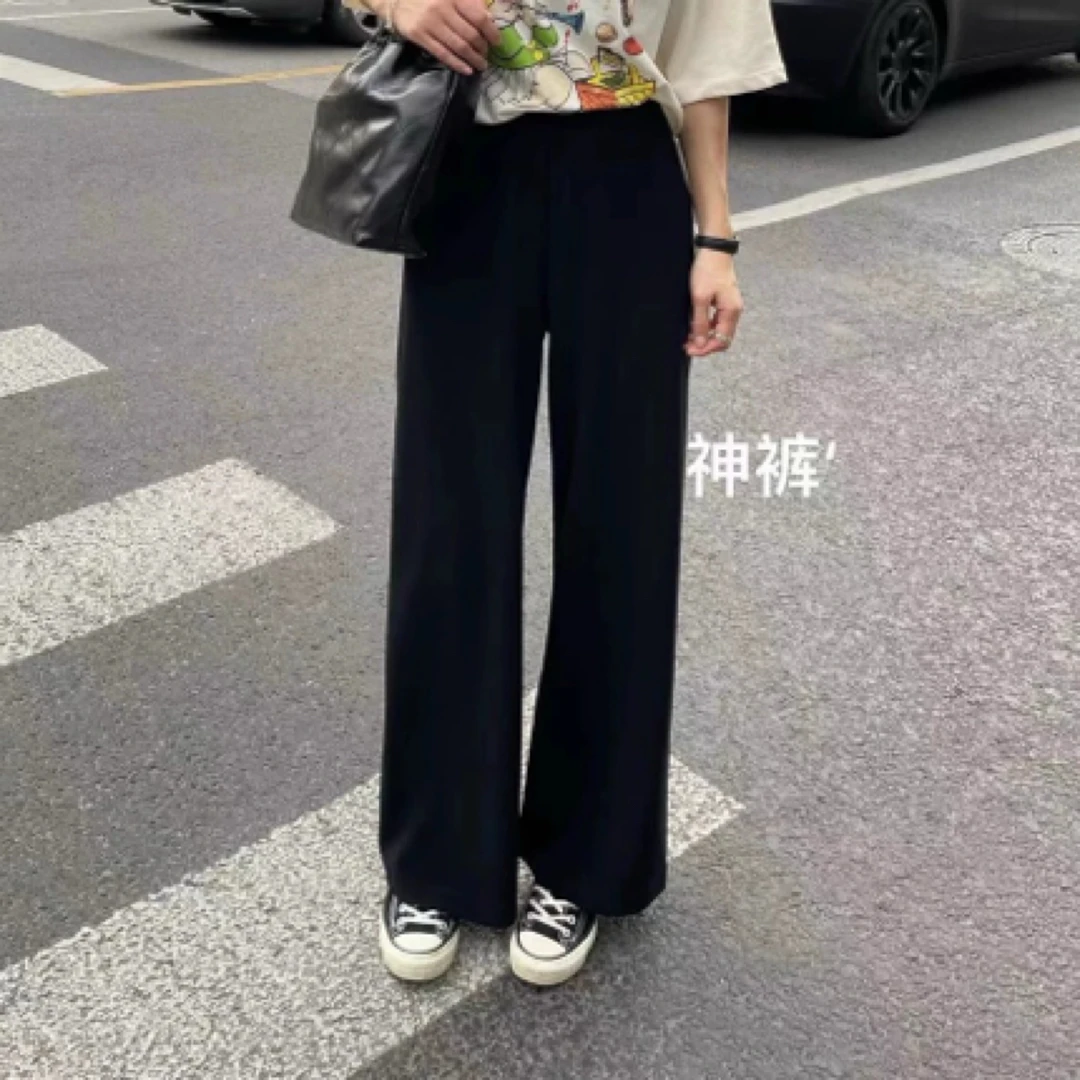 【现货】通勤简约松紧高腰阔腿休闲裤神裤夏季百搭显瘦直筒