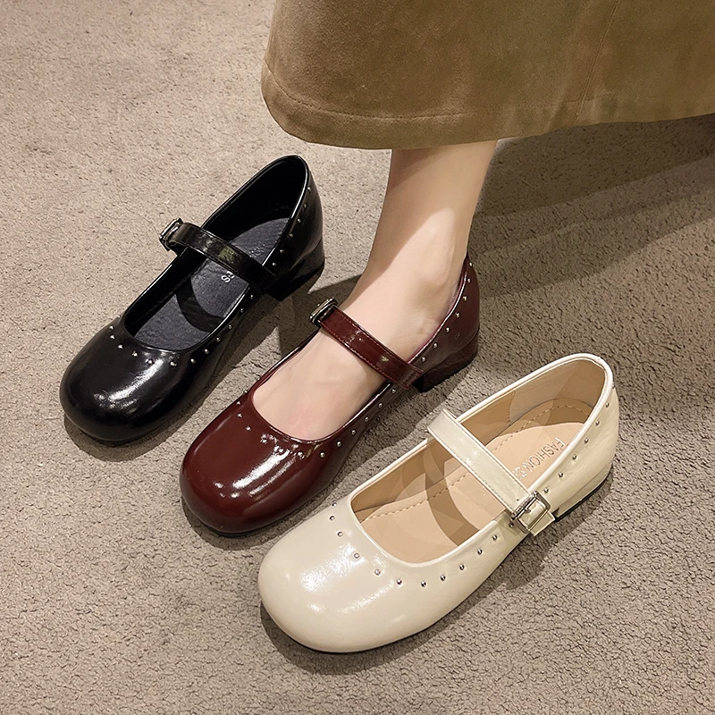 低跟铆钉玛丽珍鞋子女2025春夏新款仙女风晚晚鞋百搭软底浅口单鞋