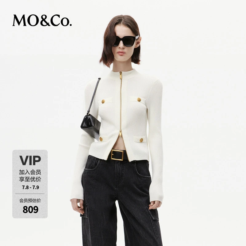 MOCO冬季古铜色金属双开链短款修身针织衫开衫MBC4CARK05