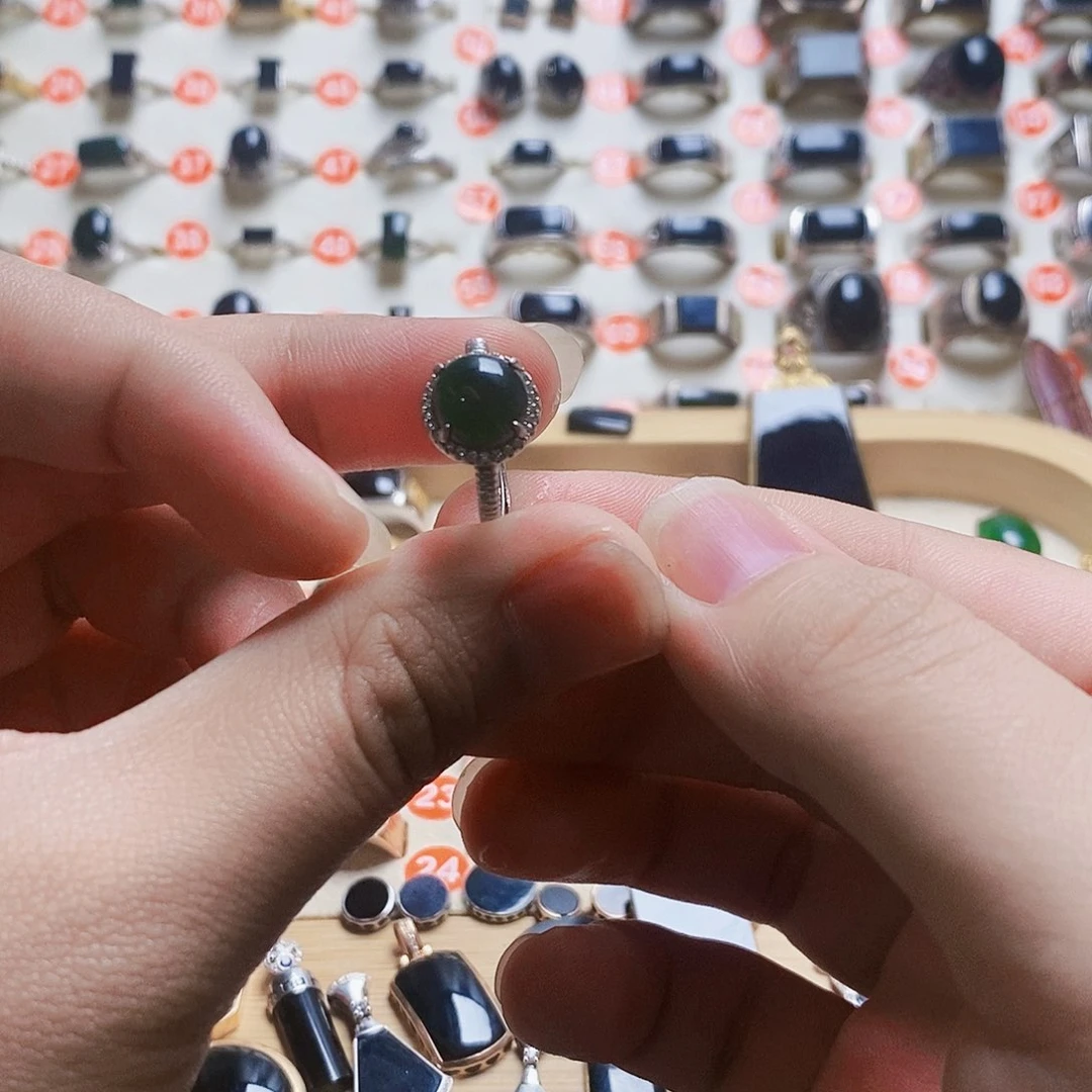 翡翠戒指银S925镶嵌缅甸天然A货墨翠女戒