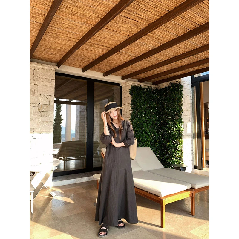 2025复古休闲气质简约连衣裙夏季新款韩版宽松遮肉显瘦高级长裙