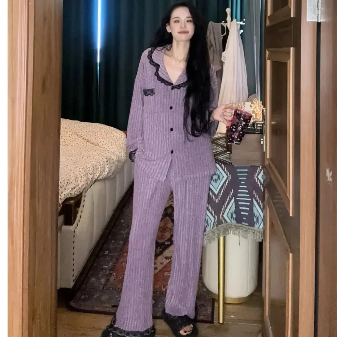 (小香风)保暖睡衣女秋冬薄绒丝绒气质小香风女士家居服套装紫色wh