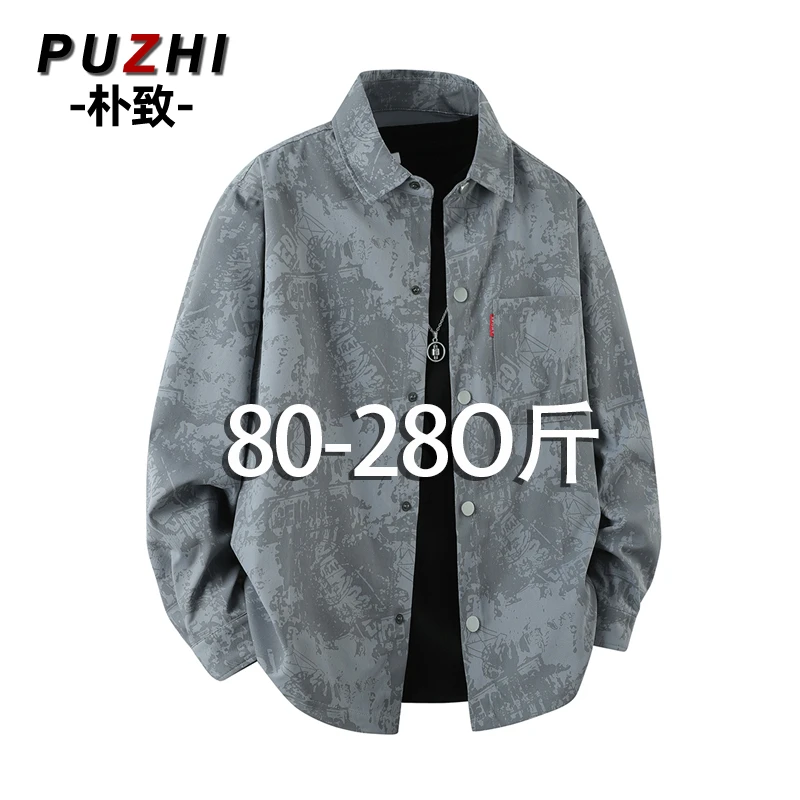 大码长袖衬衫男2025春夏季新款潮牌宽松美式复古高街满印衬衣外套