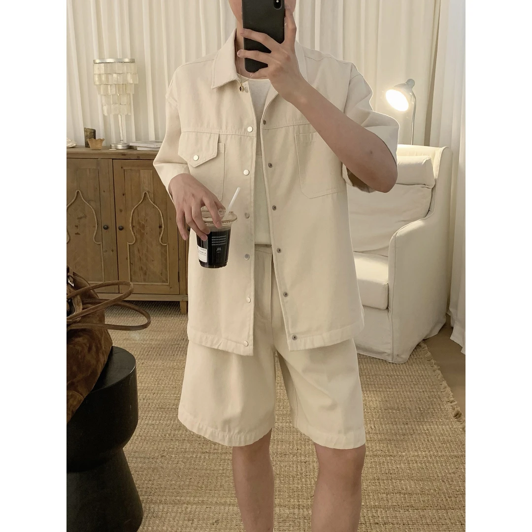 阿茶与阿古杏色牛仔休闲套装男牛仔短袖衬衫宽松牛仔短裤A2504711