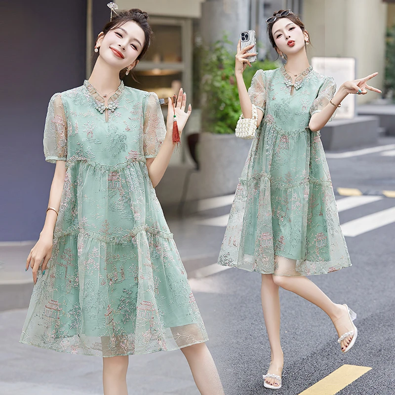 新中式风刺绣网纱连衣裙气质女夏季新款宽松遮肚子显瘦A字裙子