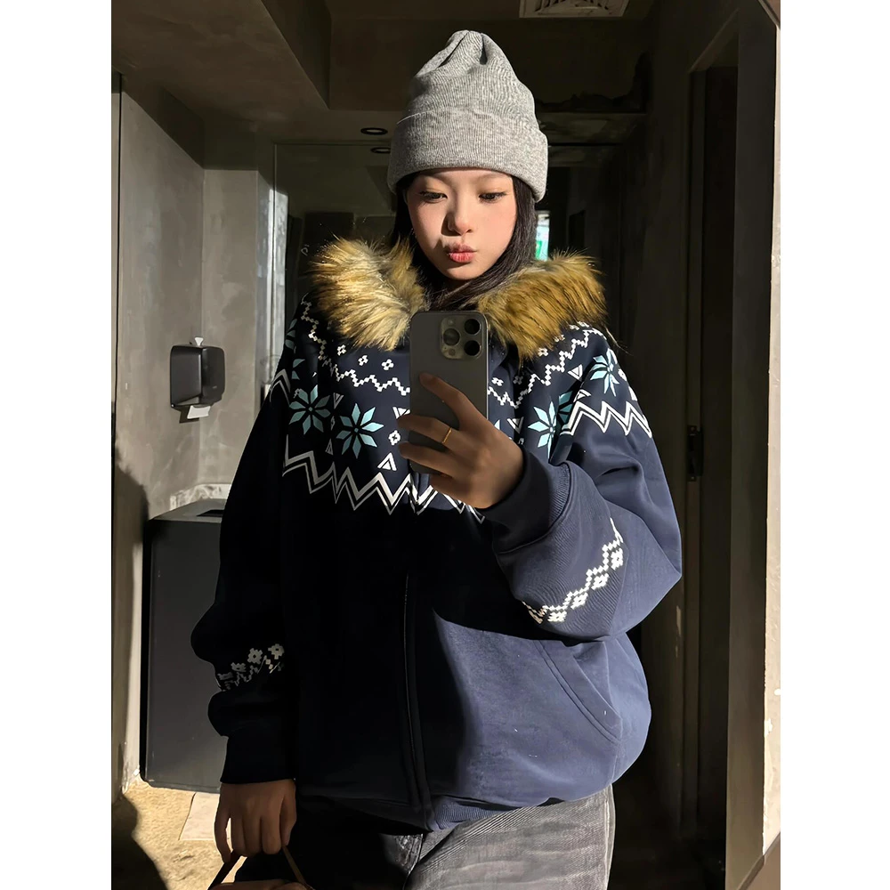 美式复古费尔岛花纹印花连帽卫衣高街毛领外套女秋季新款显瘦上衣