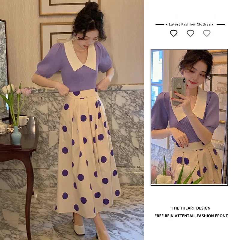 Y701#夏季穿搭一整套新款法式泡泡袖针织上衣配气质半身裙两件套