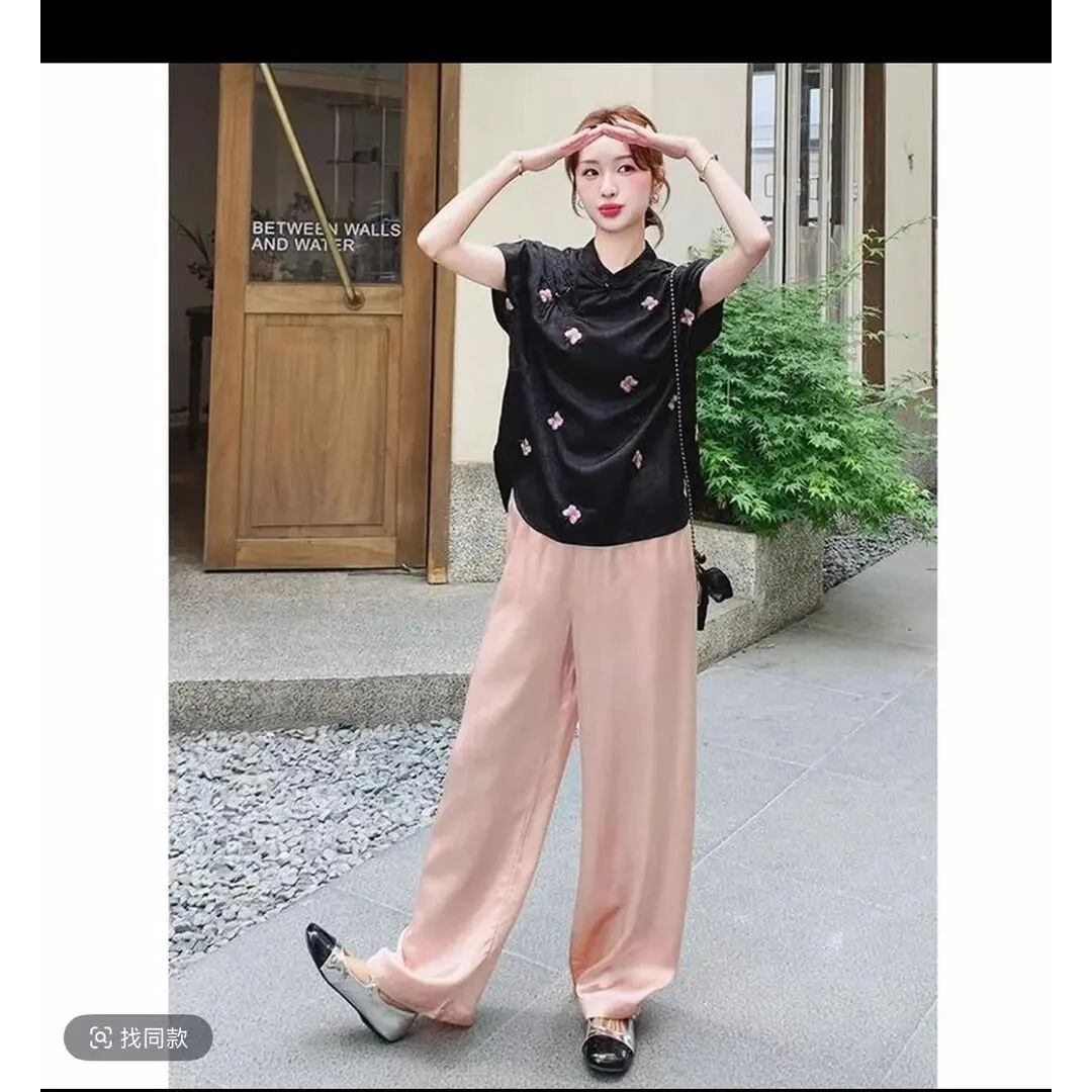 2025新中式蝴蝶刺绣大码女装气质显瘦上衣阔腿裤套装 22359+22314