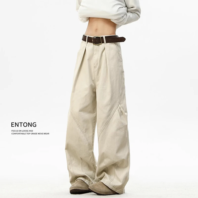 Entong美式褶皱斜切弯刀休闲裤男女宽松直筒阔腿裤修身百搭长裤潮