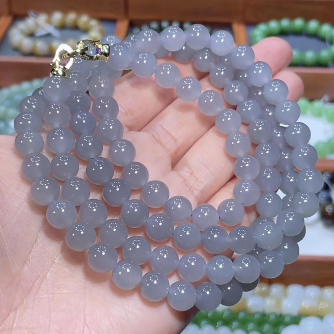 和田玉高冰起荧光烟紫项链多圈8mm