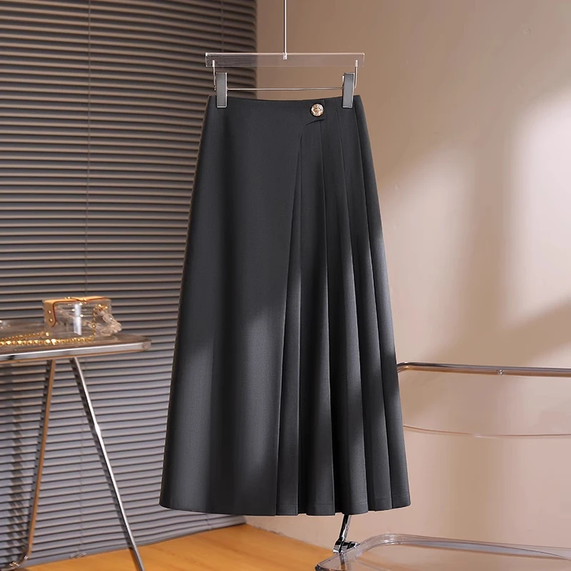 拉夏贝尔高级灰a字半裙女2025春新款百褶不规则设计中长西装伞裙