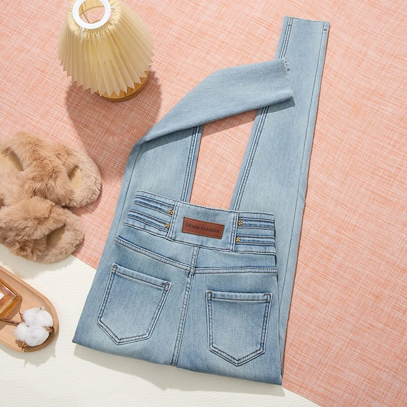 秋冬三排扣超高腰铅笔小脚牛仔裤女秋冬新款弹力紧身小个子铅笔裤