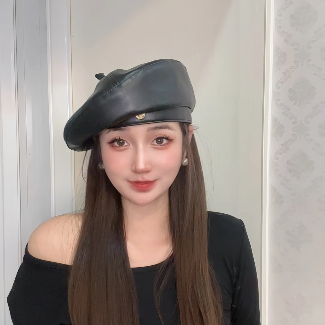 网红气质黑色pu皮质贝雷帽女秋冬季英伦复古纯色画家帽显脸小帽子