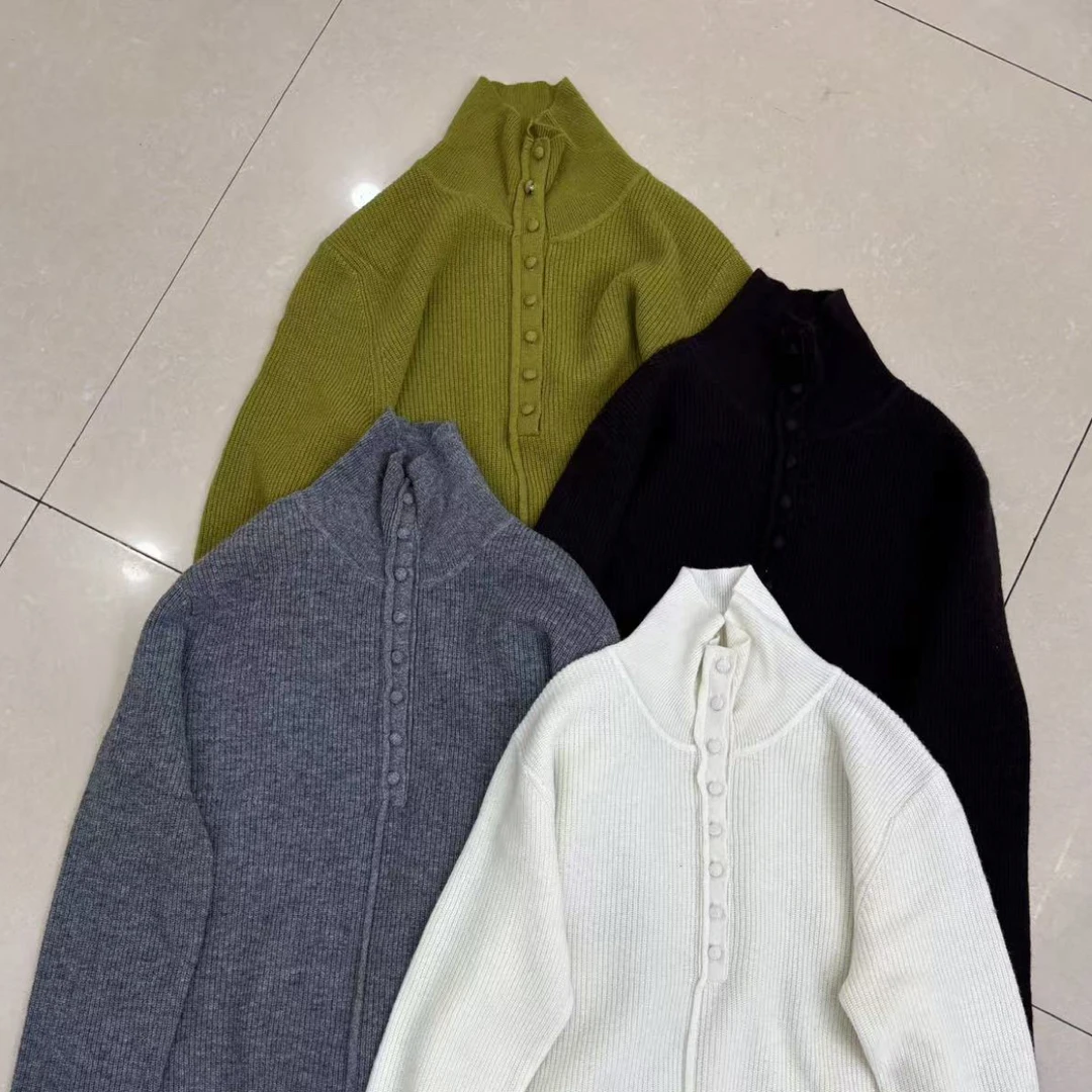 100%全羊毛精致半开扣高领纯色针织衫女慵懒保暖毛衣秋冬打底衫