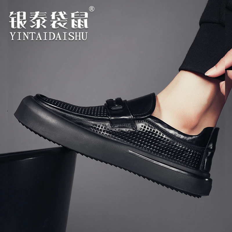 银泰袋鼠夏季真皮镂空休闲鞋男皮鞋真皮透气皮凉鞋男鞋懒人一脚蹬