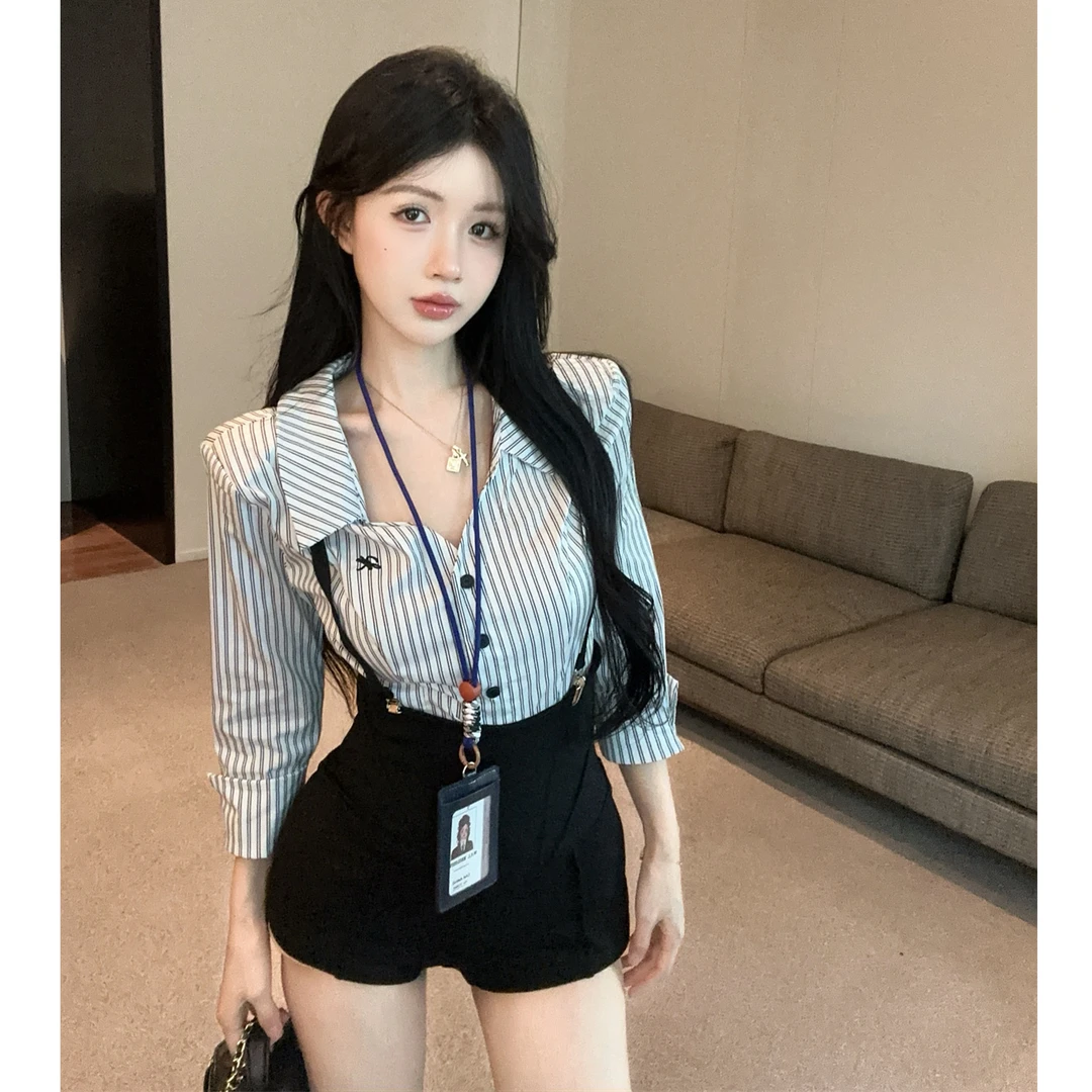 夏季收腰显瘦御姐海妖风条纹衬衫上衣+包臀背带裙裤辣妹两件套