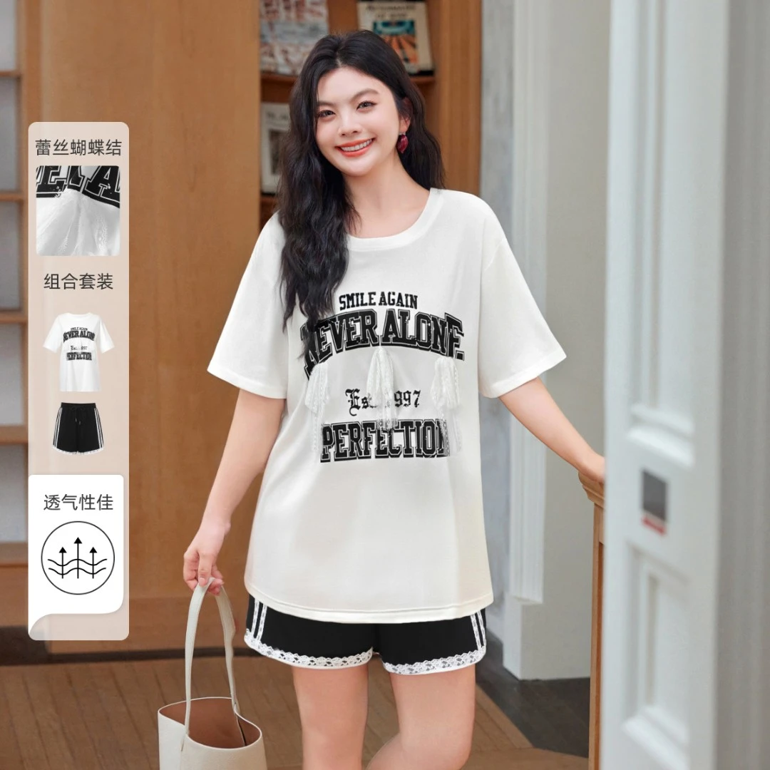 【凉感T恤蕾丝拼接短裤套装】MsShe大码女装夏装印花短袖K2506014