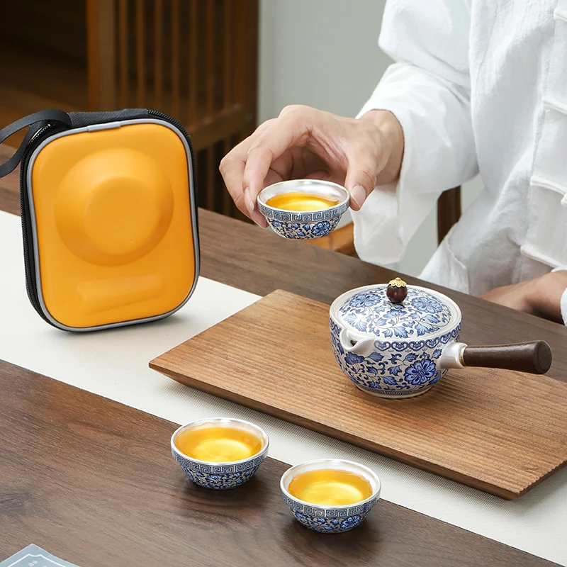 青花鎏银旅行茶具套装户外露营高档便携式防烫侧把一壶三杯快客包