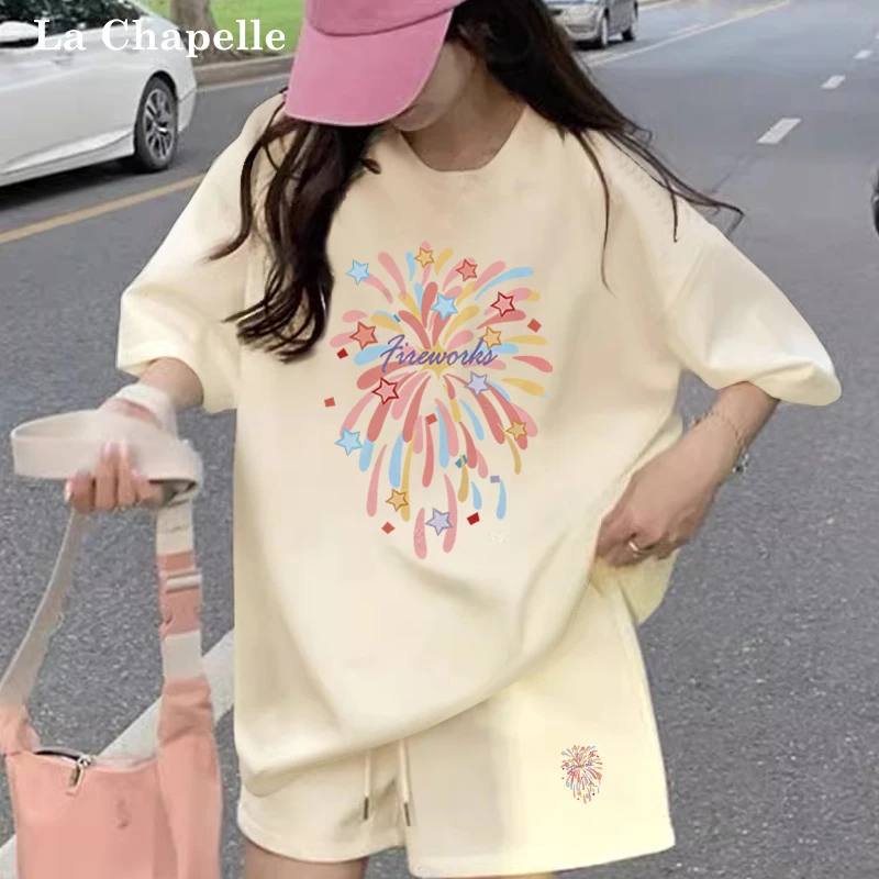 拉夏贝尔短袖短裤套装女款2025夏季新款休闲百搭透气圆领两件套