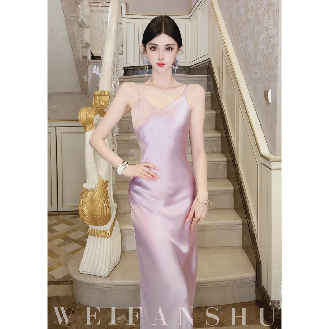 WEIFANSHU/魏凡舒【月饮山茶】春夏新款V领简约优雅醋酸吊带连衣裙