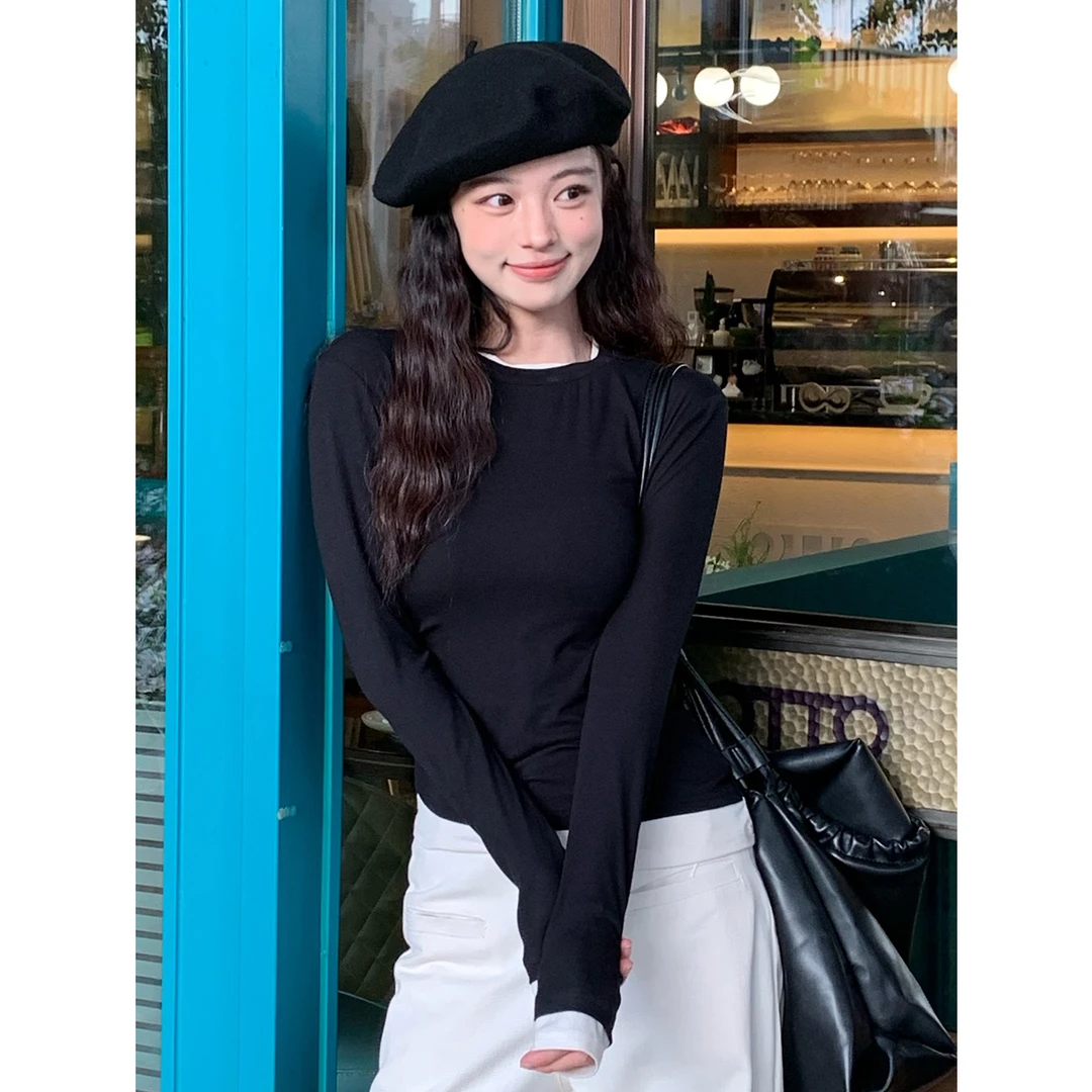 尔给秋季假两件长袖上衣女设计感修身显瘦女士时尚百搭圆领打底衫