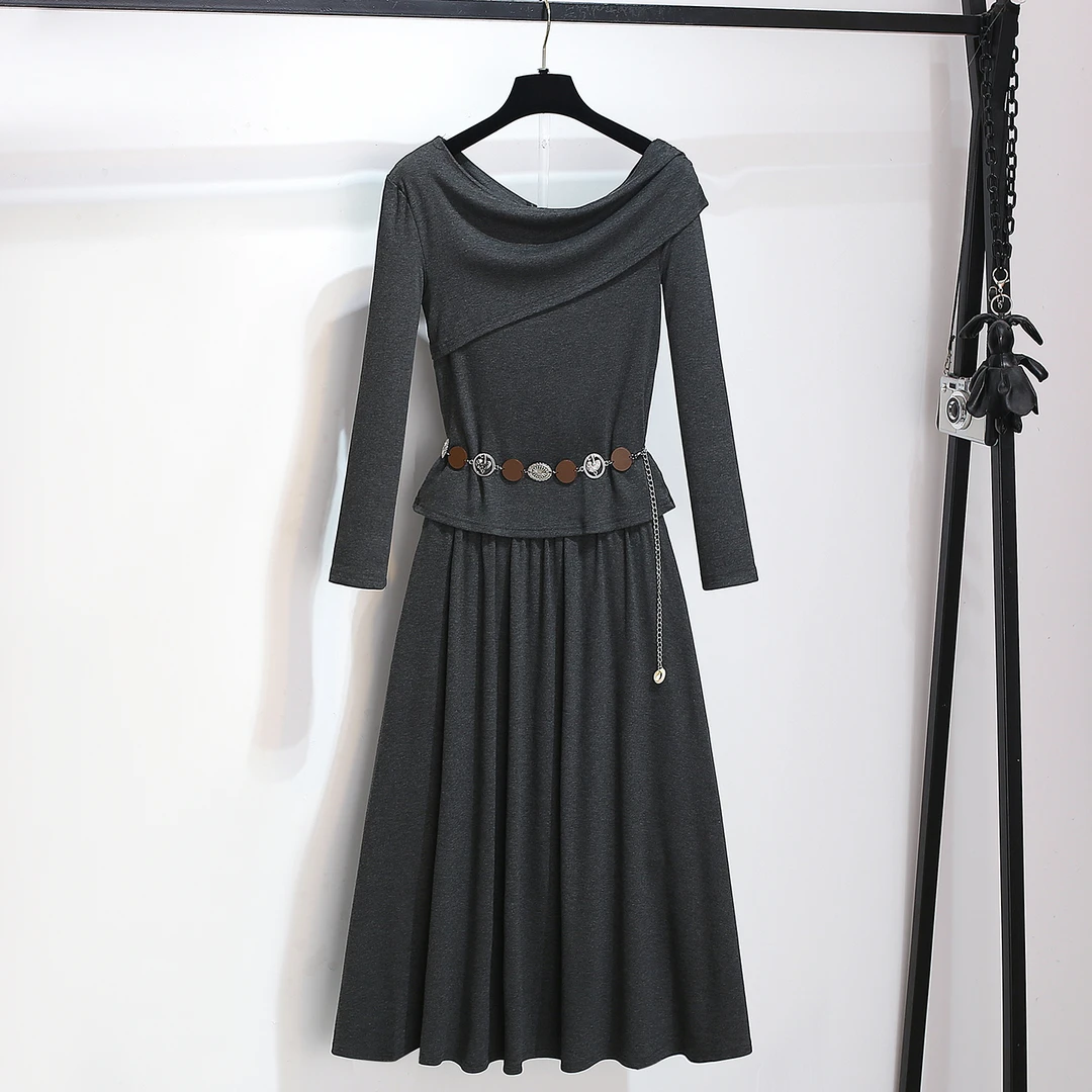 一字肩长袖收腰上衣半身裙女两件套2025早秋季新款超火穿搭一整套