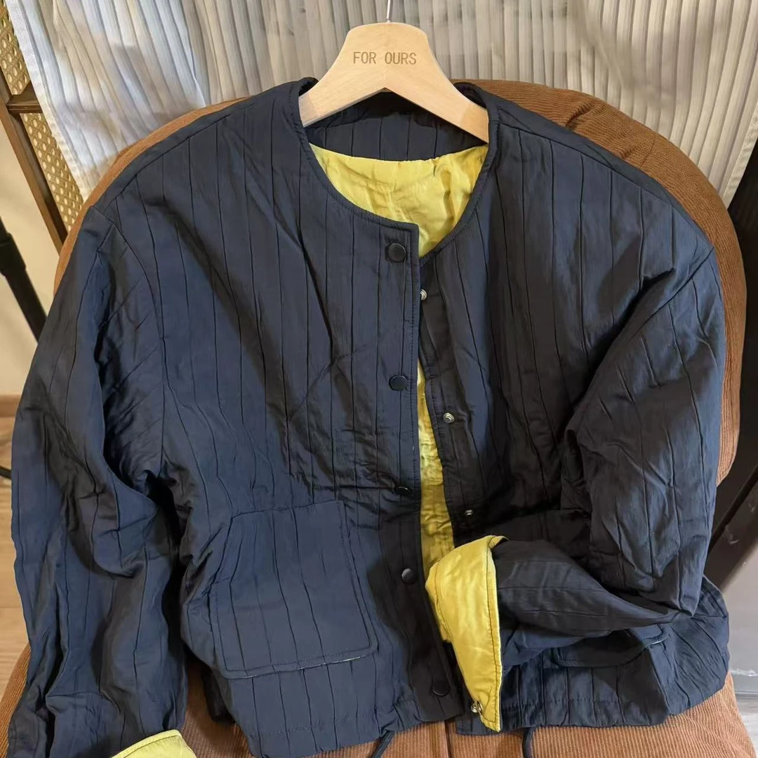 FOR OURS/秋冬新款棉服设计感竖条纹经典褶皱短外套