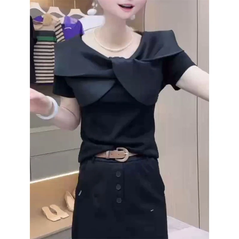 时尚气质交叉领短袖T恤女夏季新款法式简约百搭显瘦上衣洋气小衫