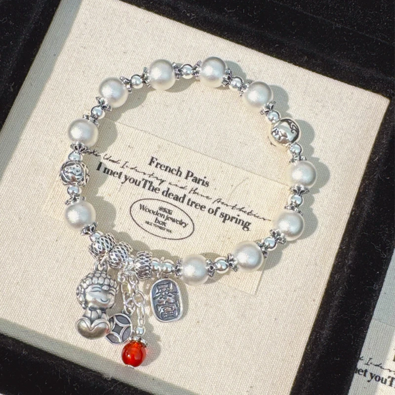 足银手链 新中式足银S999两世欢佛手链古法磨砂福字手串 19G B204