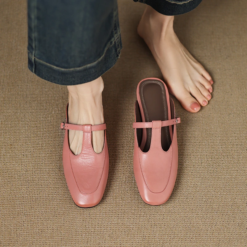 3CM，头层牛皮粗跟中跟包头拖时尚女凉鞋春夏季软皮银色包头穆勒拖