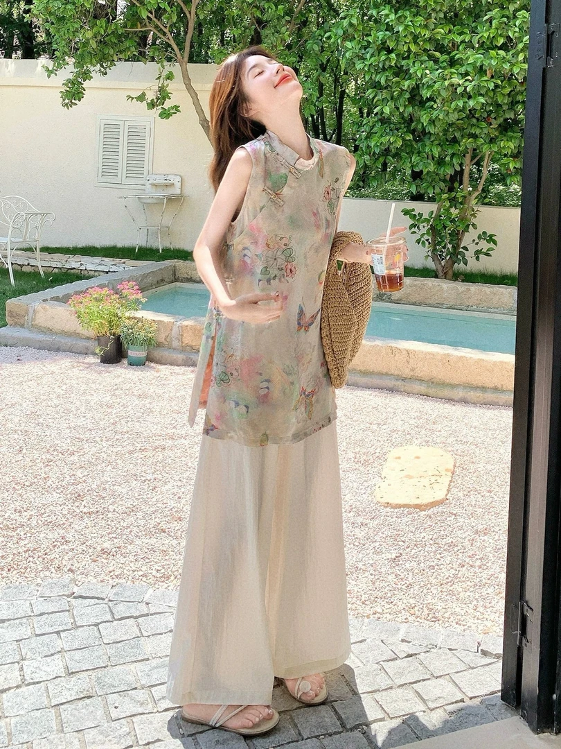 新中式国风套装睡衣女夏贵气感改良旗袍上衣阔腿裤两件套可外穿