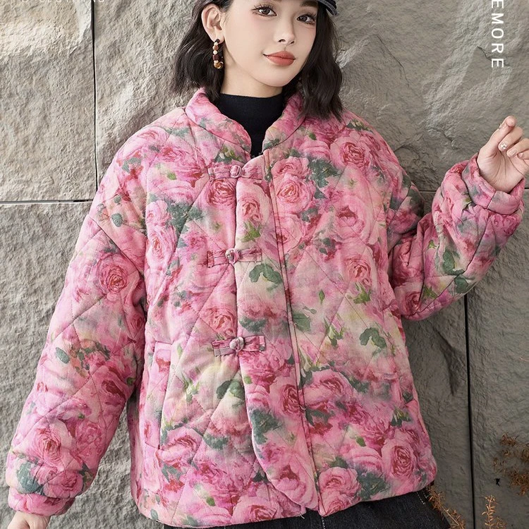 中式花色保暖时尚女士加绒加厚短棉衣外套