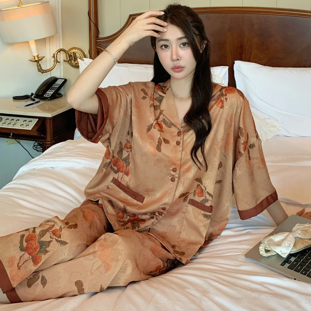 睡衣女款夏季薄款七分袖短裤家居服轻奢三件套可外穿