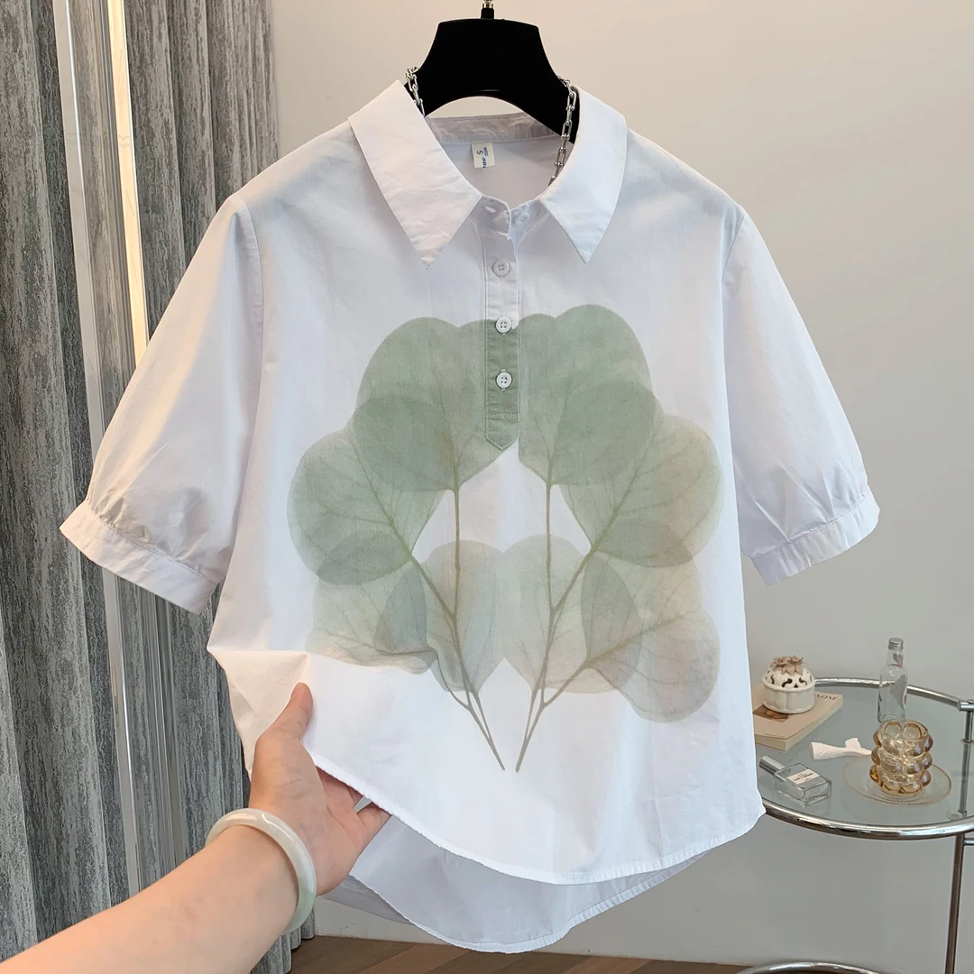 小众设计款前短后长气质优雅衬衫短袖夏季新款女宽松国风印花衬衣