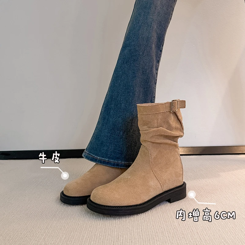 内增高6cm美拉德复古粗跟西部靴女2025新款不累脚百搭软底短筒靴