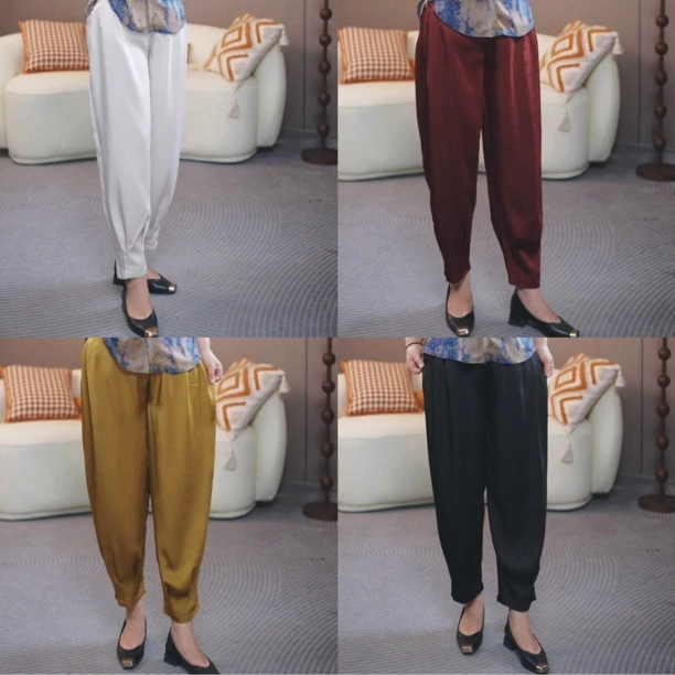 夏季休闲女夏薄款醋酸褶皱哈伦萝卜裤休闲裤