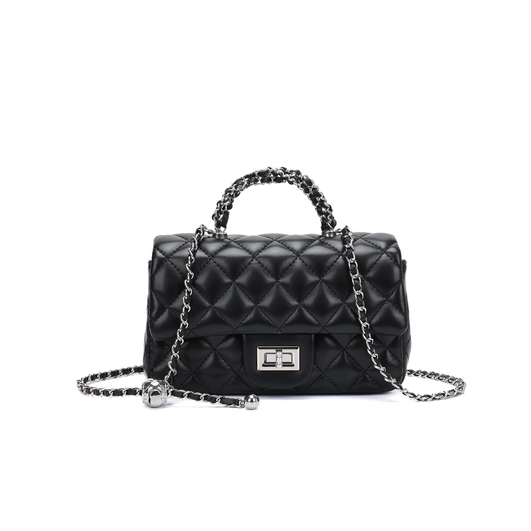 【工厂直销】2025新款小香风单肩斜挎菱格链条手提小方包HK2563黑色