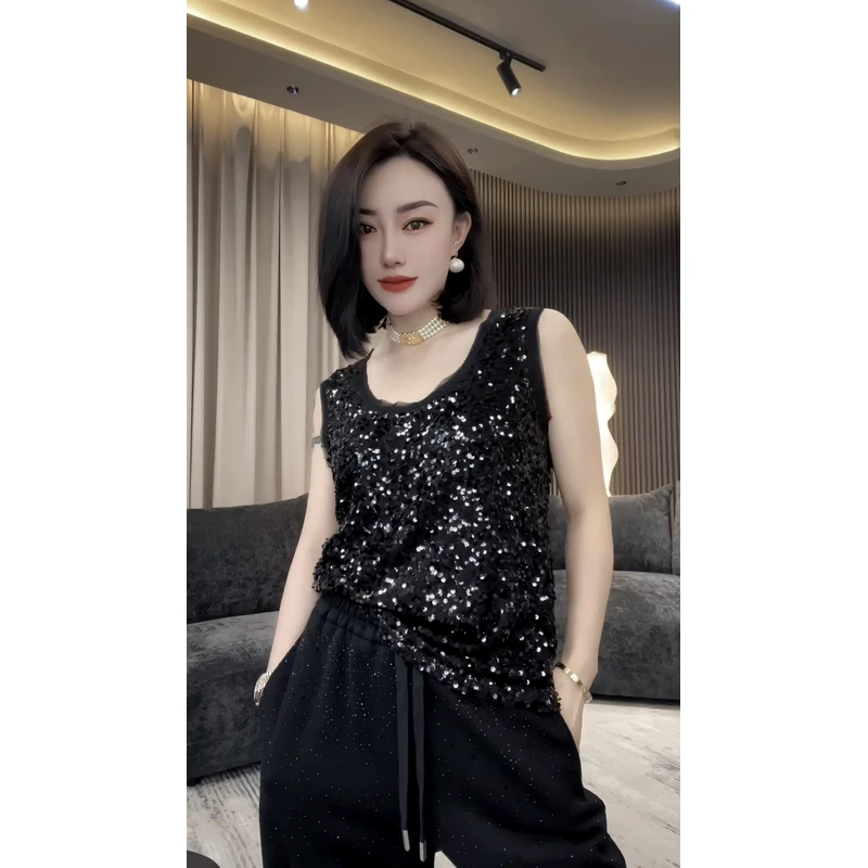 【DZBM】时尚女背心打底蕾丝显瘦网红气质无袖毛边亮片背心-S6239