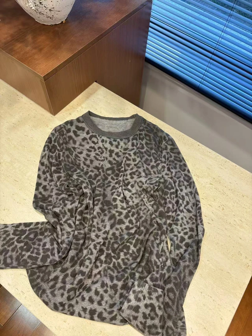 曹大媛25秋冬【灰色豹纹】洋气款百搭套头针织打底上衣圆领时尚长袖
