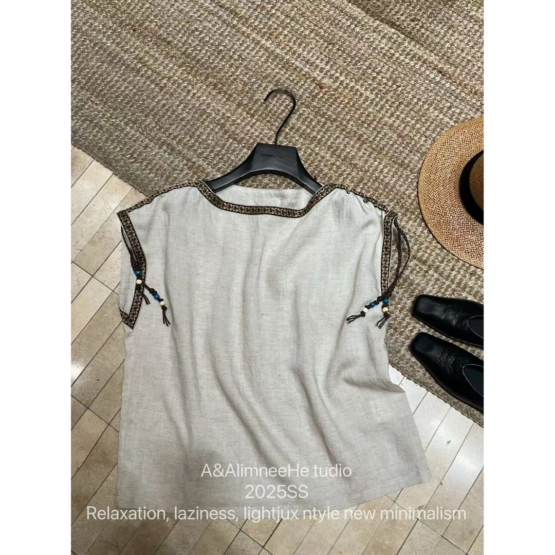 Mozch 亚M莱赛R领口袖口绣花老钱风慵懒背心275