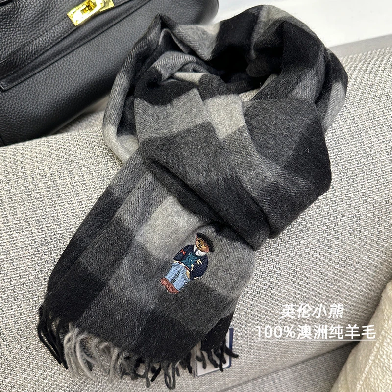 限量发售！秋冬灰色小熊澳洲羊毛围巾女冬季保暖百搭情侣围脖加厚