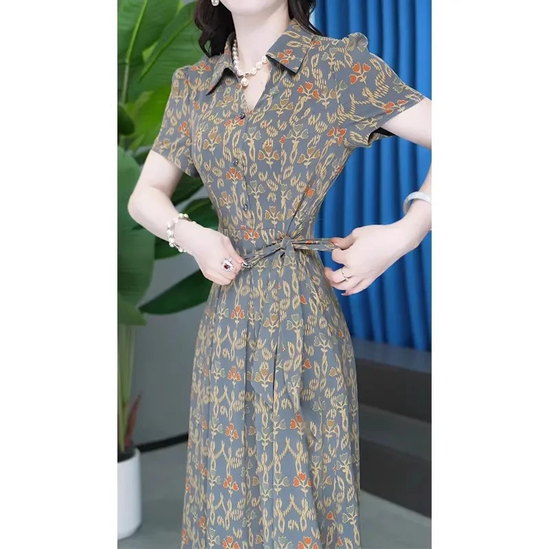 广州十三行裙子印花真丝连衣裙女夏新款中长款修身显瘦系带裙子夏