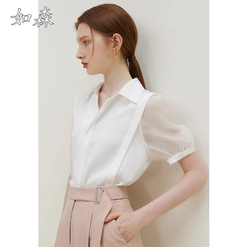 白色雪纺衬衫女夏季2025新款泡泡短袖衬衣韩版百搭宽松显瘦上衣潮