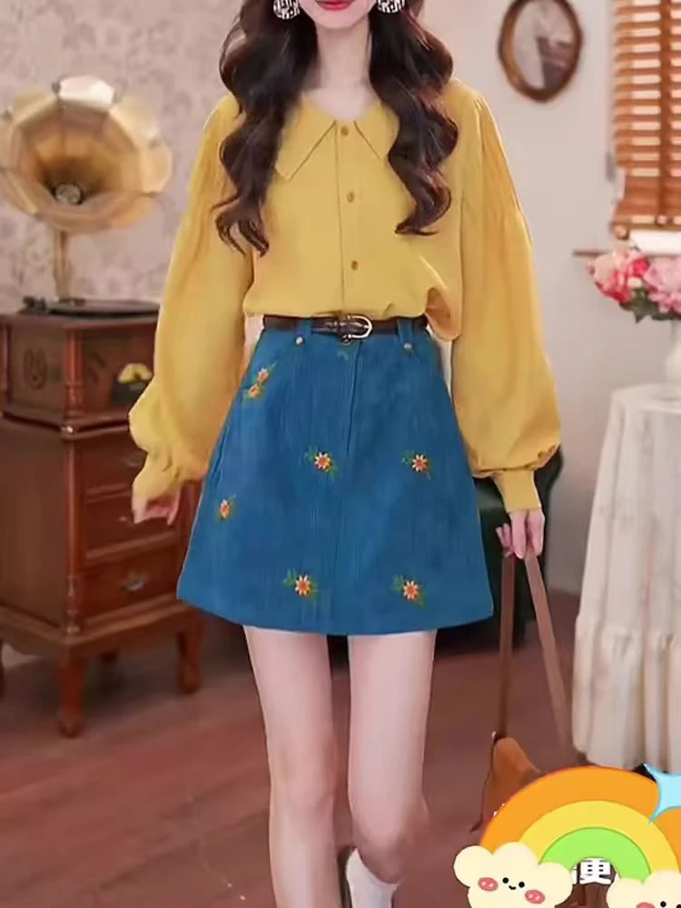 现513#娃娃领灯笼袖衬衫搭短裙新款港风复古活泼俏皮减龄套装