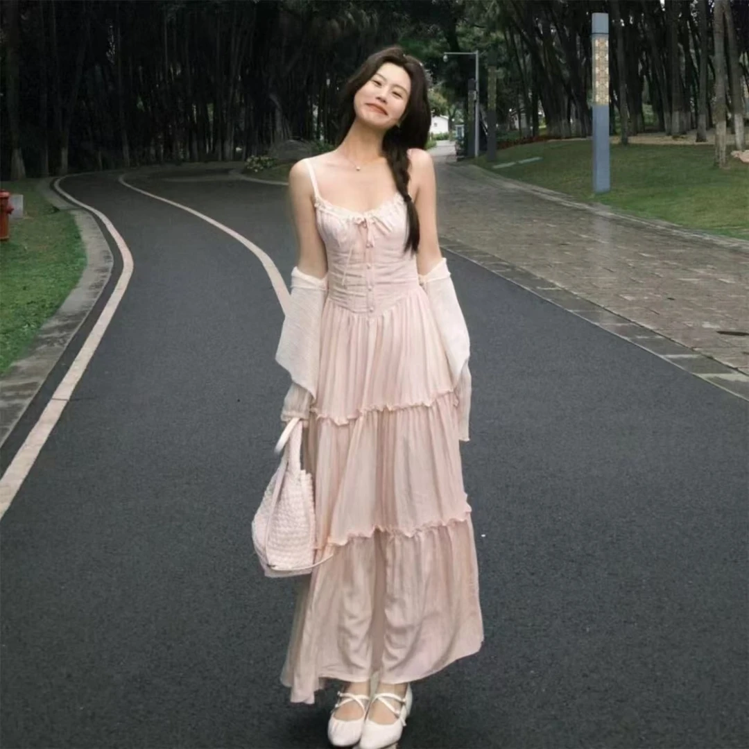 法式甜美粉色蕾丝吊带连衣裙套装夏季收腰防晒针织开衫度假长裙