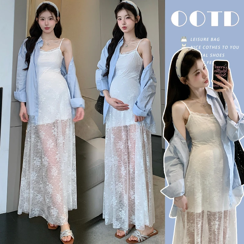 孕妇装夏季新款时尚性感蕾丝吊带裙搭配蓝色防晒衫孕妈外穿两件套