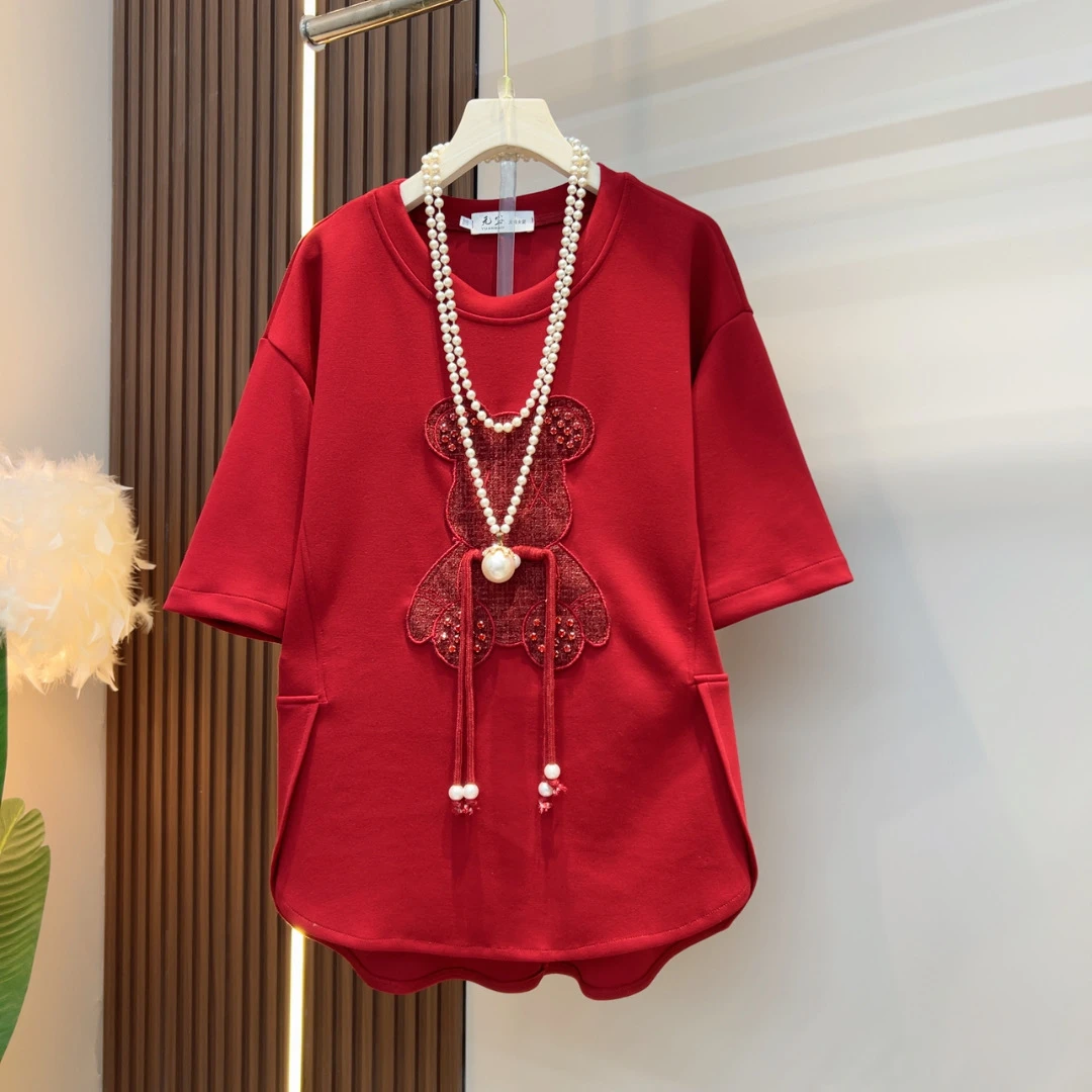 2025年新年款洋气圆领宽松小熊流苏中式复古显瘦百搭侧边开叉T恤