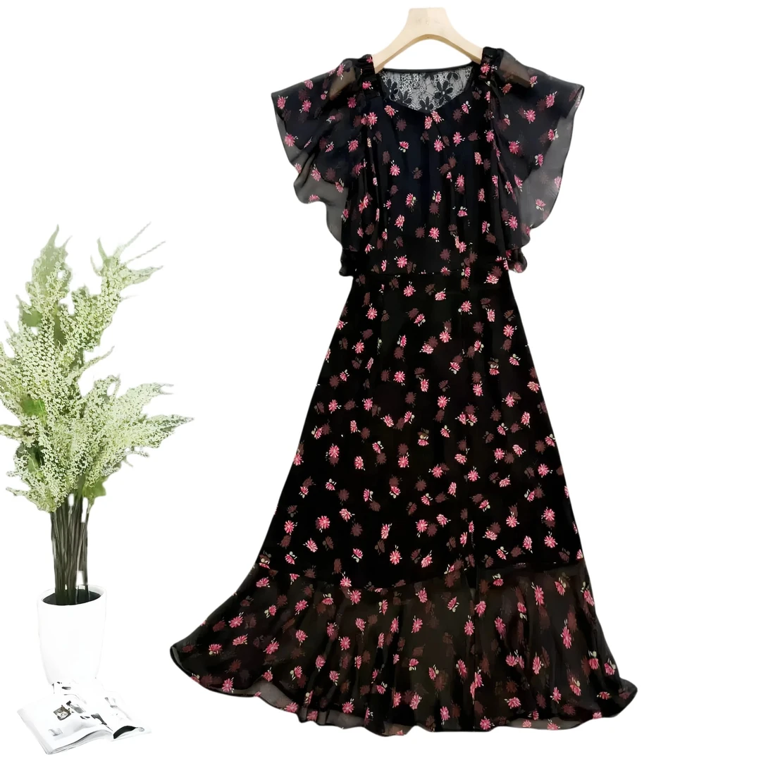 【绯樱】时尚法式休闲中长新款碎花裙2025新款显瘦设计感气质连衣裙