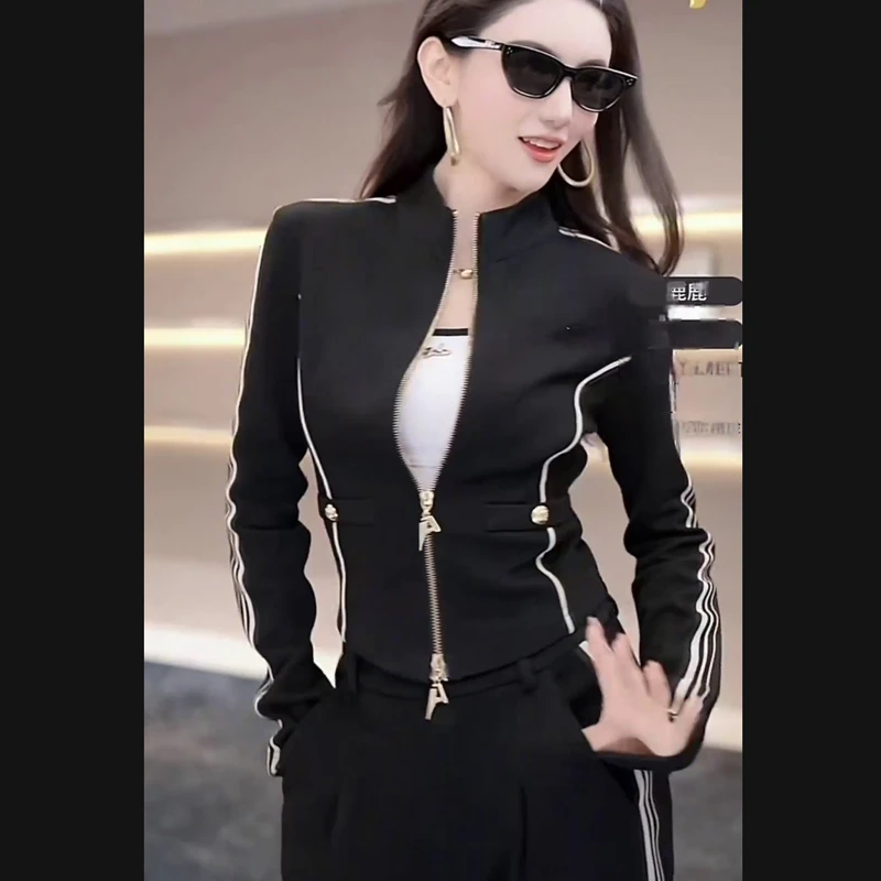 早春休闲套装-2025洋气休闲减龄对襟拉链立领上衣阔腿裤早春套装